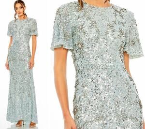 Mac Duggal 93932 Flutter Sleeve Sequin High Neck Gown Blue Size 16 NWT $998